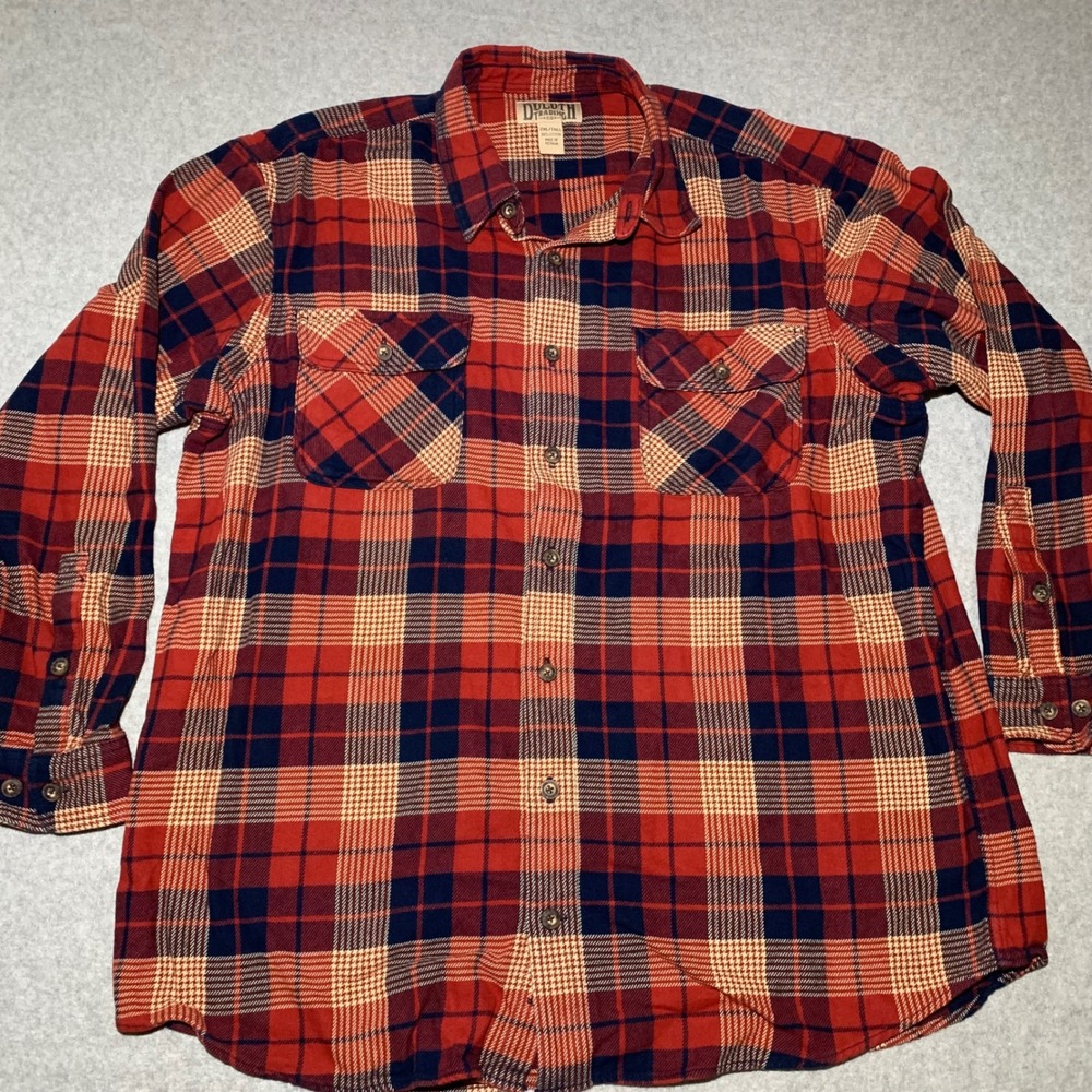Duluth Trading Co Flannel Shirt Mens 2XL Red Blue Plaid Long Sleeve Button Up